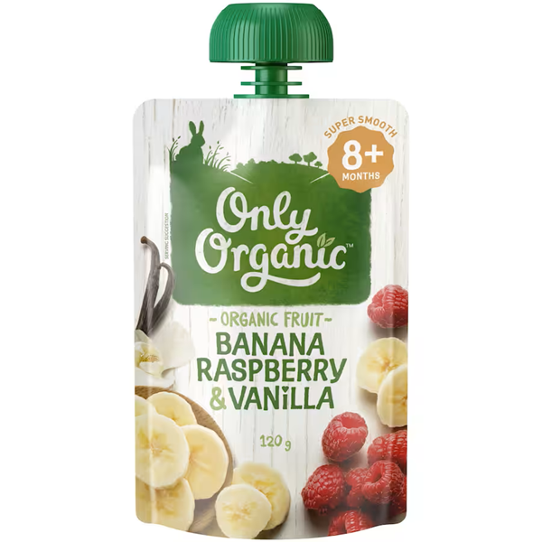 Only Organic Stage 3 Baby Food Banana Raspberry & Vanilla Pouch 120g