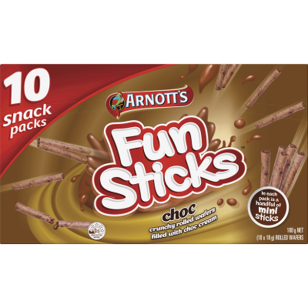 Arnotts Funsticks Chocolate Rolled Wafers Snack Packs 10pk 180g