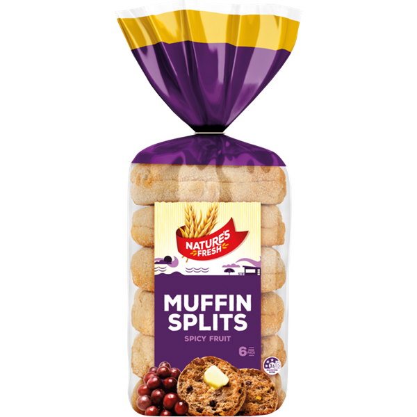 Natures Fresh English Muffin Splits Spicy Fruit 6pk 390g