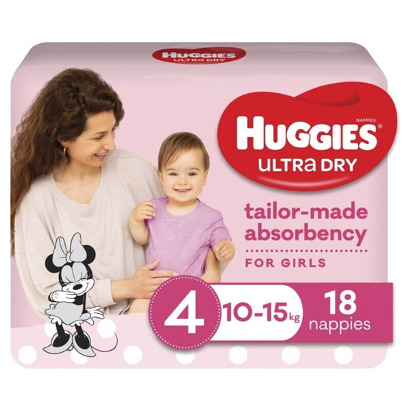 Huggies Ultra Dry Toddler Girl Size 4 Nappies 18pk