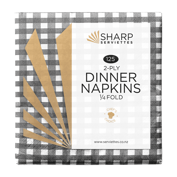 Sharp 2 Ply Dinner Napkins Black Gingham 125pk