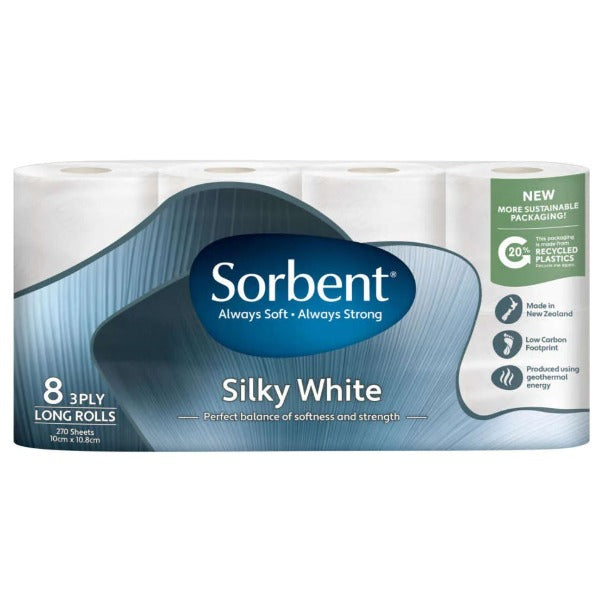 Sorbent Long Roll Silky White Toilet Paper Tissues 3ply  8pk