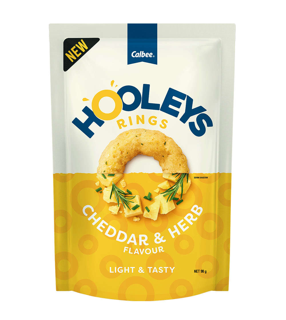 Calbee Hooleys Rings Cheddar & Herb Flavour Corn Snacks 90g