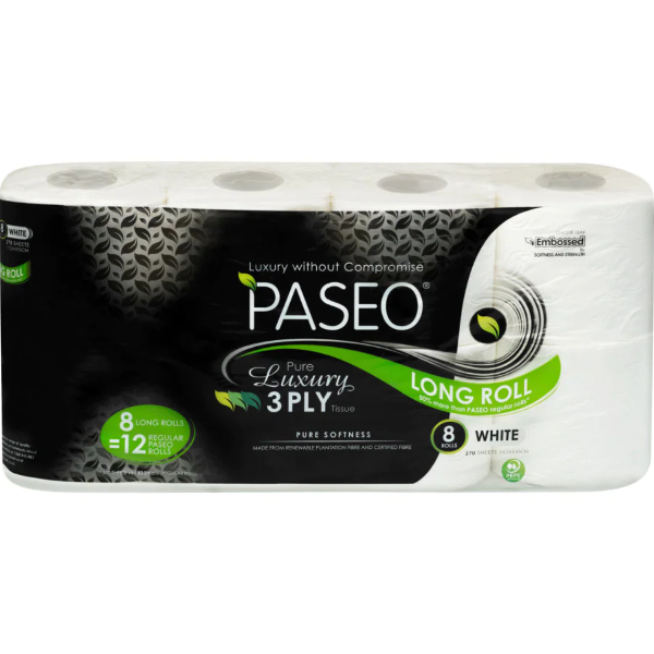Paseo Pure Luxury Toilet Paper Long Roll White 3 Ply 8pk