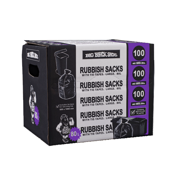 Big Black Sacks Rubbish Bags with Handle 800x1200ml 80L Dispenser Box 100pk