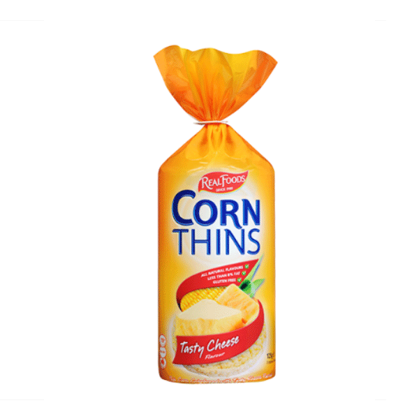 Real Foods Corn Thins Crispbread Tasty Cheese GF 125g