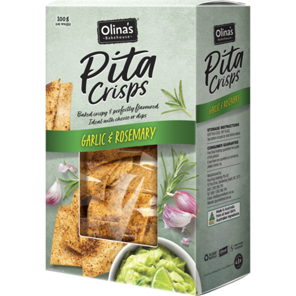 Olinas Bakehouse Pita Crisps Garlic & Rosemary Crackers 100g