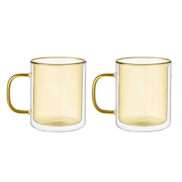 Leaf & Bean Set/2 Yellow Coloured Double Wall Glasses
