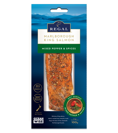 Regal Hot Smoked Salmon Portion Skin-On, Bone-Out 100g - Mixed Pepper