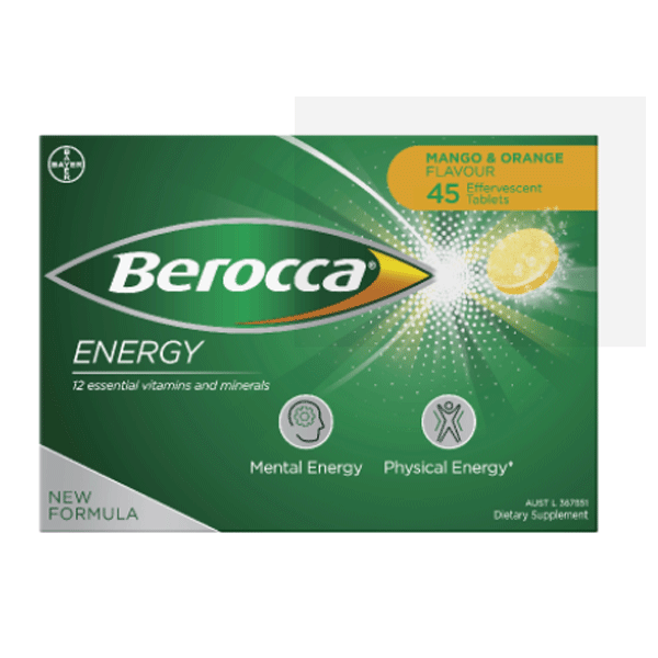 Berocca Energy Mango & Orange Flavour Effervescent Tablets 45pk