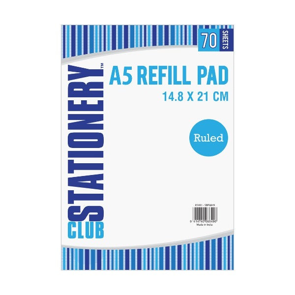 Club Stationery A5 Ruled Refill Pad 70 Sheets